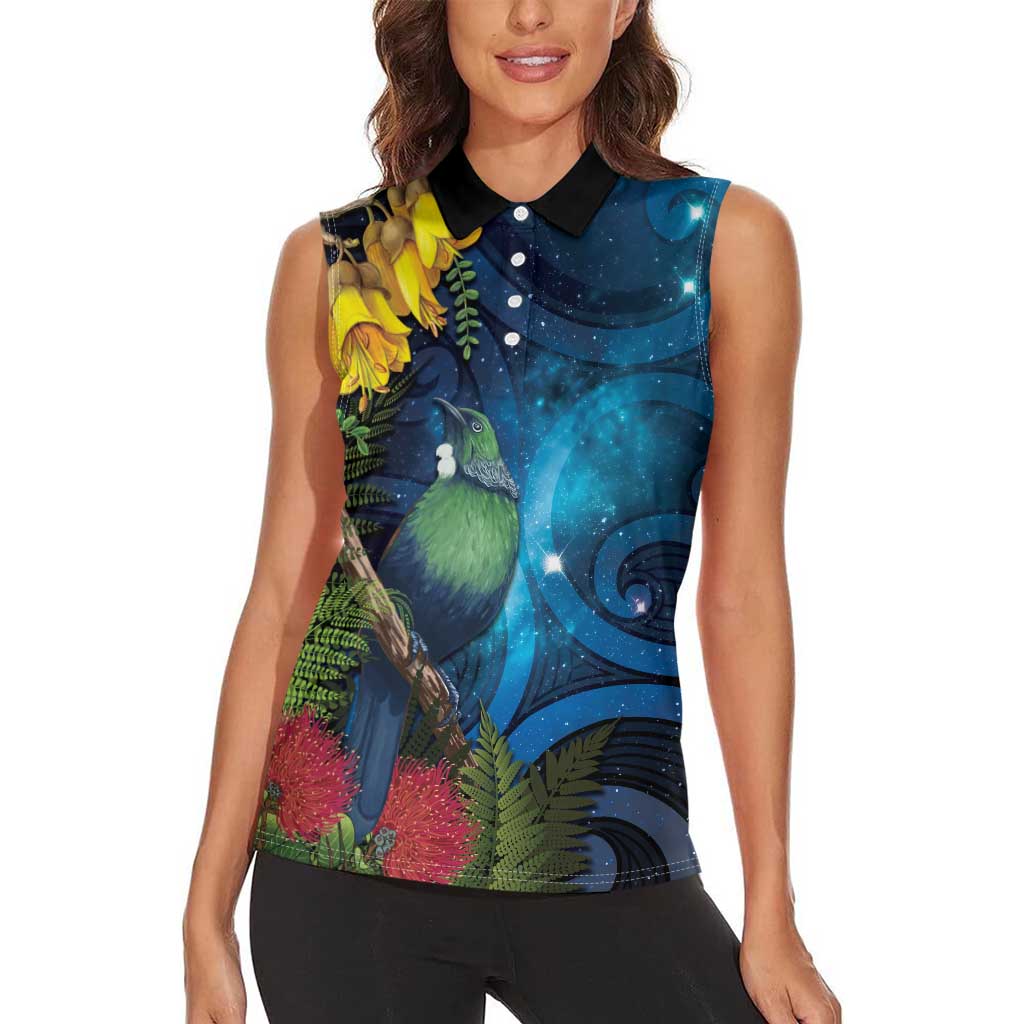Tui Bird New Zealand Starry Sky Women Sleeveless Polo Shirt Maori Koru LT7 - Polynesian Pride