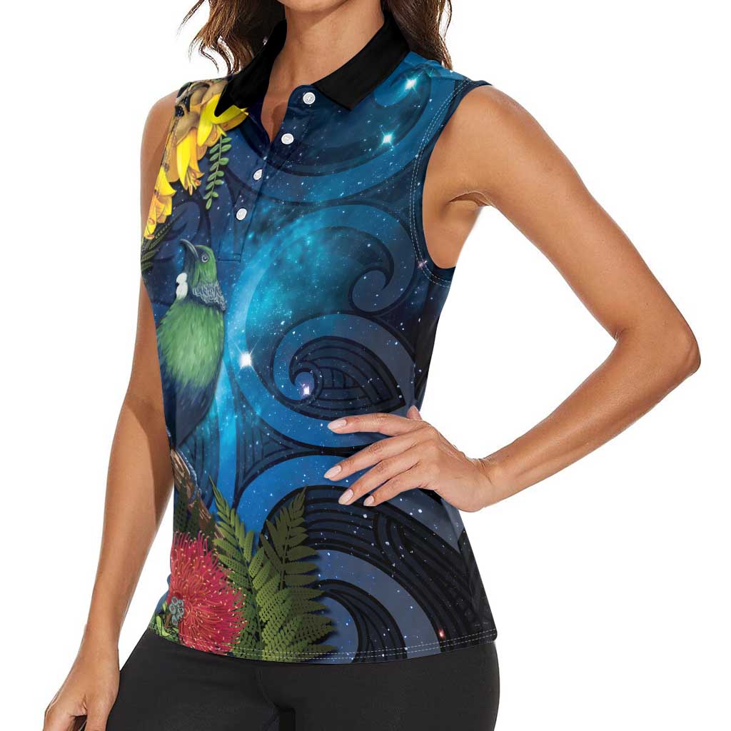 Tui Bird New Zealand Starry Sky Women Sleeveless Polo Shirt Maori Koru LT7 - Polynesian Pride