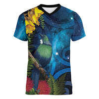 Tui Bird New Zealand Starry Sky Women V-Neck T-Shirt Maori Koru LT7 Female Galaxy - Polynesian Pride