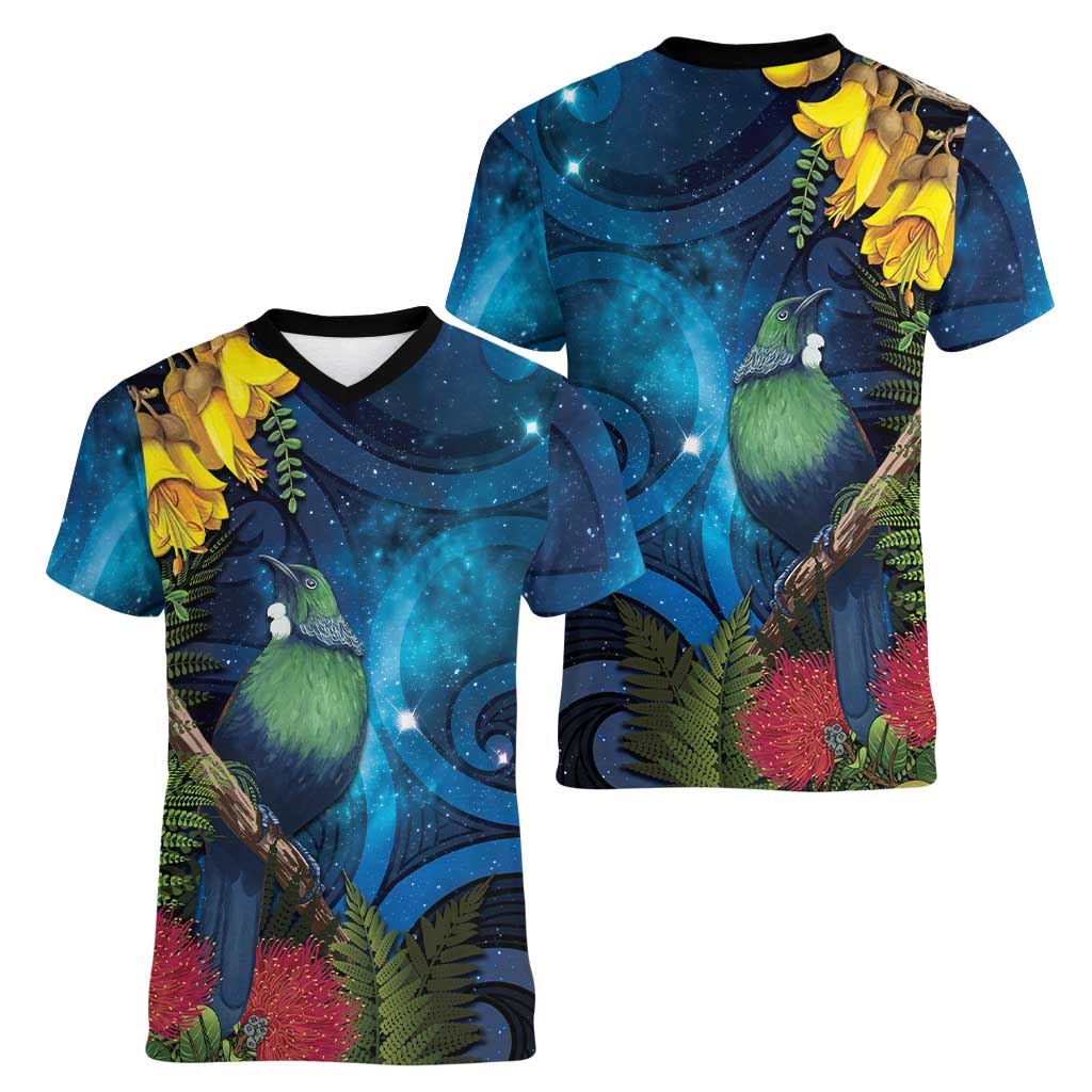 Tui Bird New Zealand Starry Sky Women V-Neck T-Shirt Maori Koru LT7 - Polynesian Pride