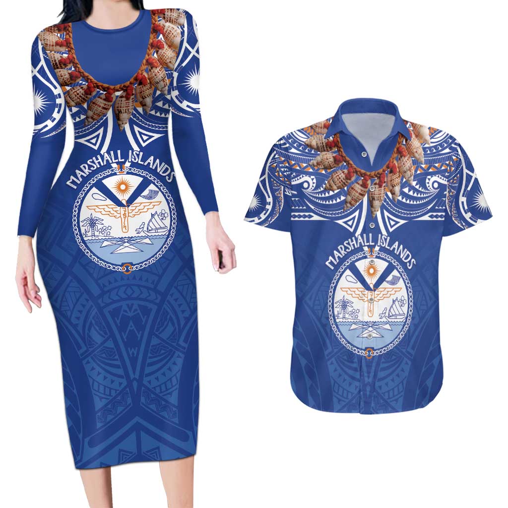 Yokwe Marshall Islands Personalized Couples Matching Long Sleeve Bodycon Dress and Hawaiian Shirt Jemenei Day - Seashell Necklace LT7 Blue - Polynesian Pride