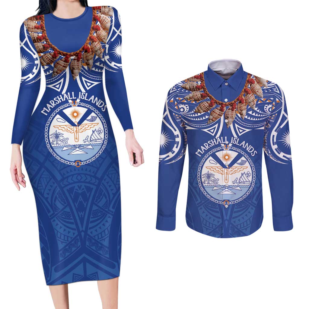 Yokwe Marshall Islands Personalized Couples Matching Long Sleeve Bodycon Dress and Long Sleeve Button Shirt Jemenei Day - Seashell Necklace LT7 Blue - Polynesian Pride