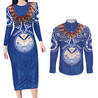 Yokwe Marshall Islands Personalized Couples Matching Long Sleeve Bodycon Dress and Long Sleeve Button Shirt Jemenei Day - Seashell Necklace LT7 Blue - Polynesian Pride