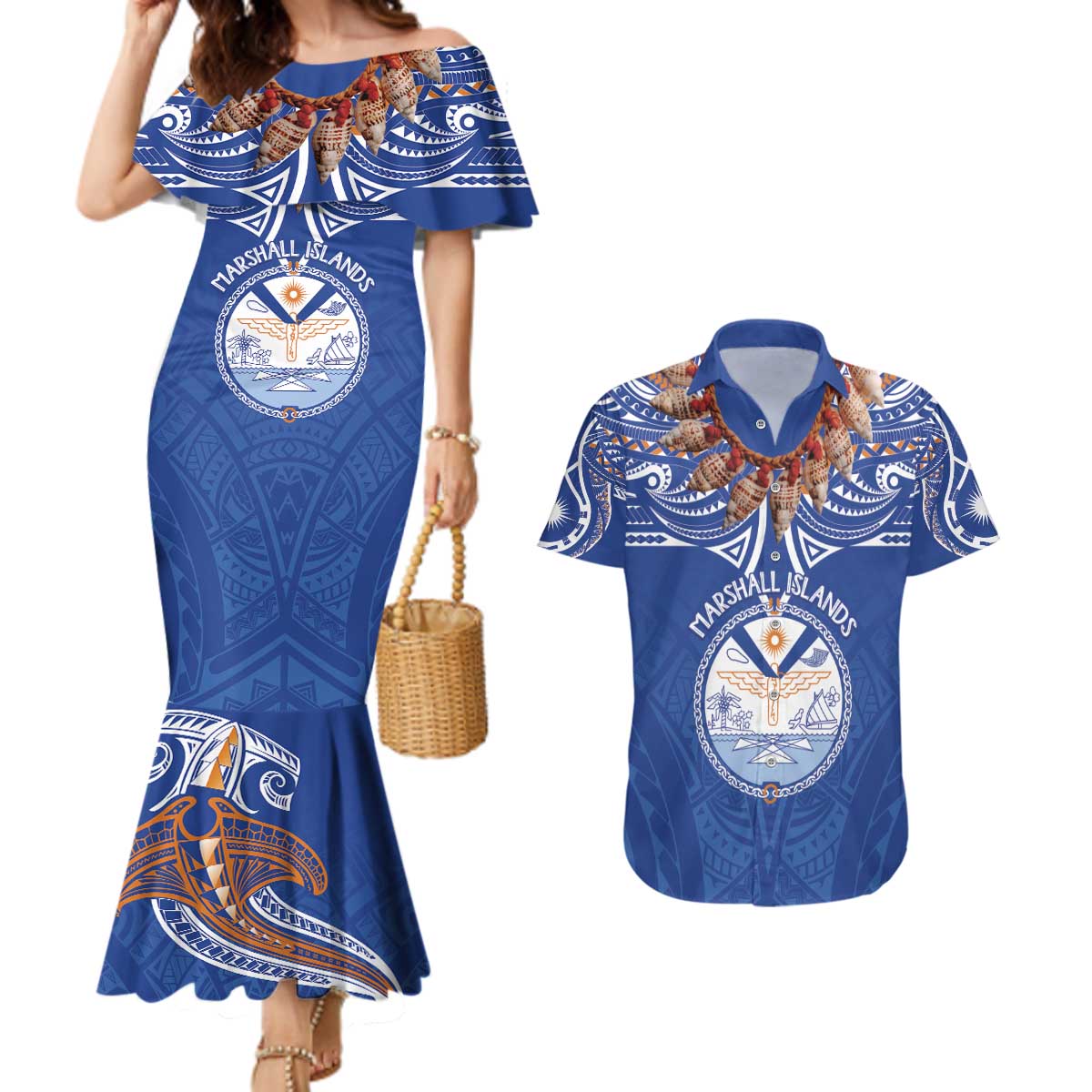 Yokwe Marshall Islands Personalized Couples Matching Mermaid Dress and Hawaiian Shirt Jemenei Day - Seashell Necklace LT7 Blue - Polynesian Pride