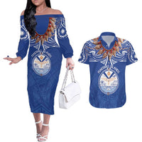 Yokwe Marshall Islands Personalized Couples Matching Off The Shoulder Long Sleeve Dress and Hawaiian Shirt Jemenei Day - Seashell Necklace LT7 Blue - Polynesian Pride
