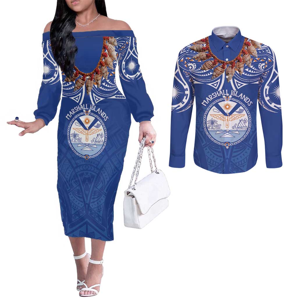 Yokwe Marshall Islands Personalized Couples Matching Off The Shoulder Long Sleeve Dress and Long Sleeve Button Shirt Jemenei Day - Seashell Necklace LT7 Blue - Polynesian Pride
