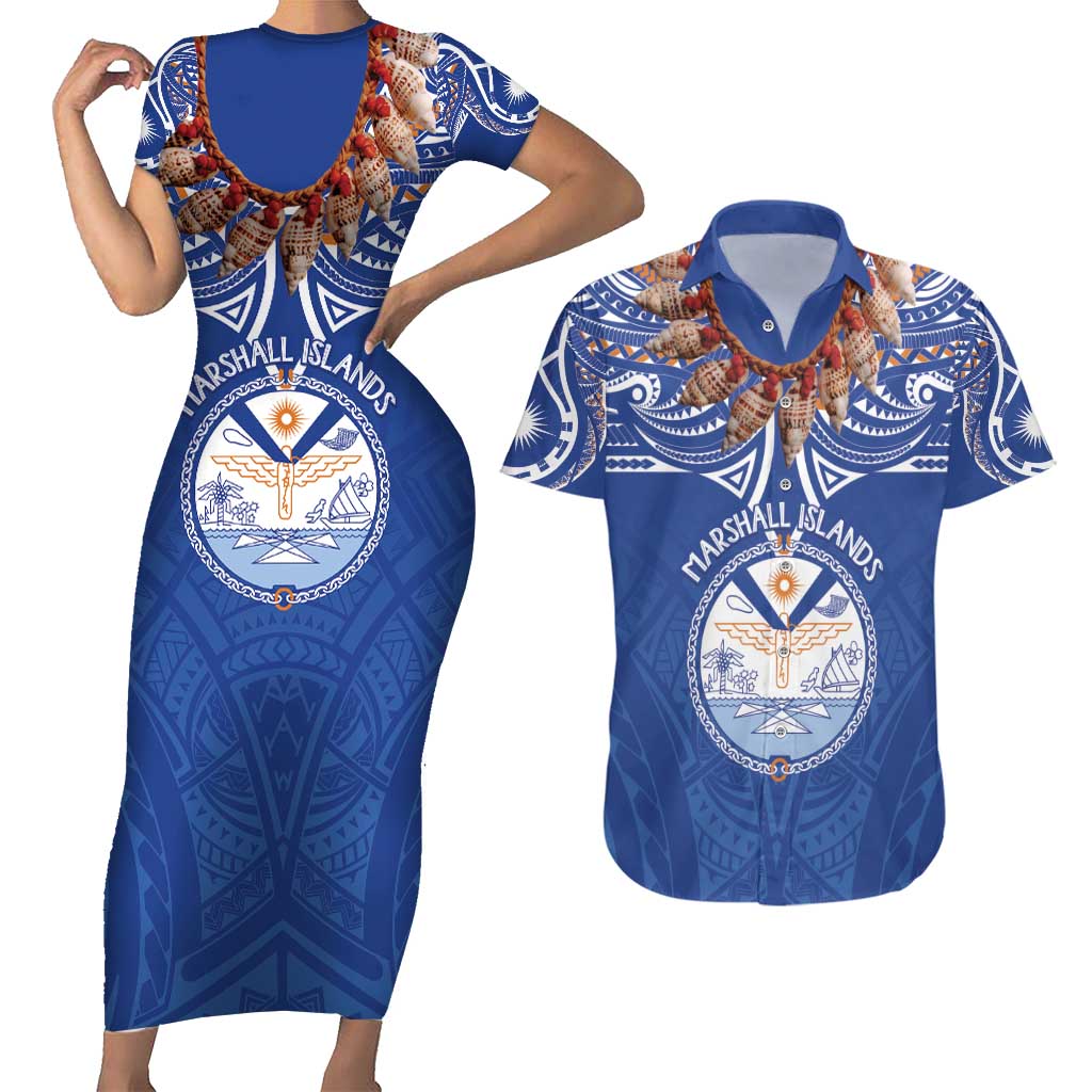 Yokwe Marshall Islands Personalized Couples Matching Short Sleeve Bodycon Dress and Hawaiian Shirt Jemenei Day - Seashell Necklace LT7 Blue - Polynesian Pride