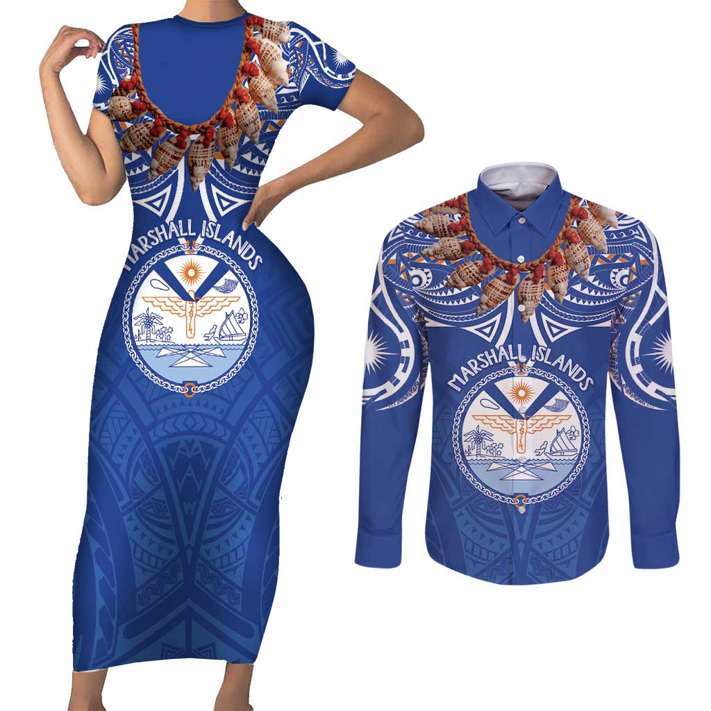 Yokwe Marshall Islands Personalized Couples Matching Short Sleeve Bodycon Dress and Long Sleeve Button Shirt Jemenei Day - Seashell Necklace LT7 Blue - Polynesian Pride