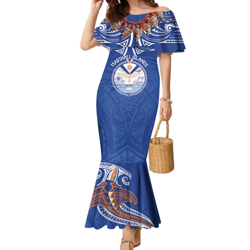 Yokwe Marshall Islands Personalized Family Matching Mermaid Dress and Hawaiian Shirt Jemenei Day - Seashell Necklace LT7 Mom's Dress Blue - Polynesian Pride