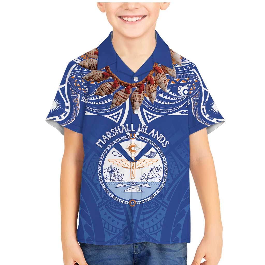 Yokwe Marshall Islands Personalized Family Matching Mermaid Dress and Hawaiian Shirt Jemenei Day - Seashell Necklace LT7 Son's Shirt Blue - Polynesian Pride
