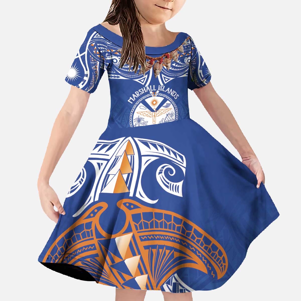 Yokwe Marshall Islands Personalized Family Matching Off The Shoulder Long Sleeve Dress and Hawaiian Shirt Jemenei Day - Seashell Necklace LT7 Daughter's Dress Blue - Polynesian Pride