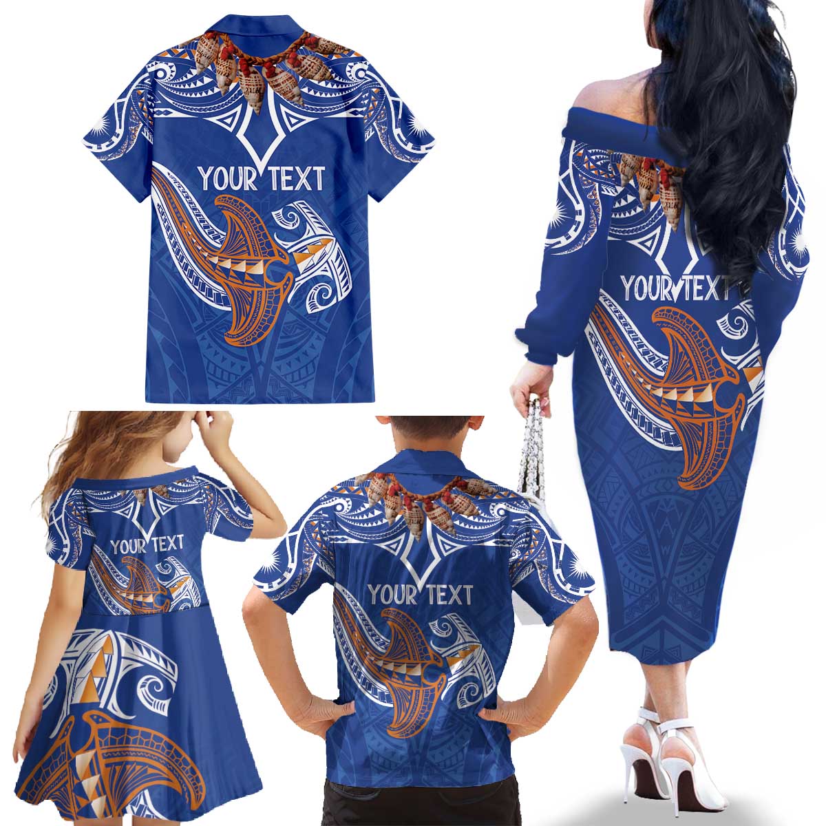 Yokwe Marshall Islands Personalized Family Matching Off The Shoulder Long Sleeve Dress and Hawaiian Shirt Jemenei Day - Seashell Necklace LT7 - Polynesian Pride