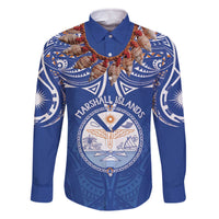 Yokwe Marshall Islands Personalized Family Matching Off The Shoulder Long Sleeve Dress and Hawaiian Shirt Jemenei Day - Seashell Necklace LT7 Dad's Shirt - Long Sleeve Blue - Polynesian Pride