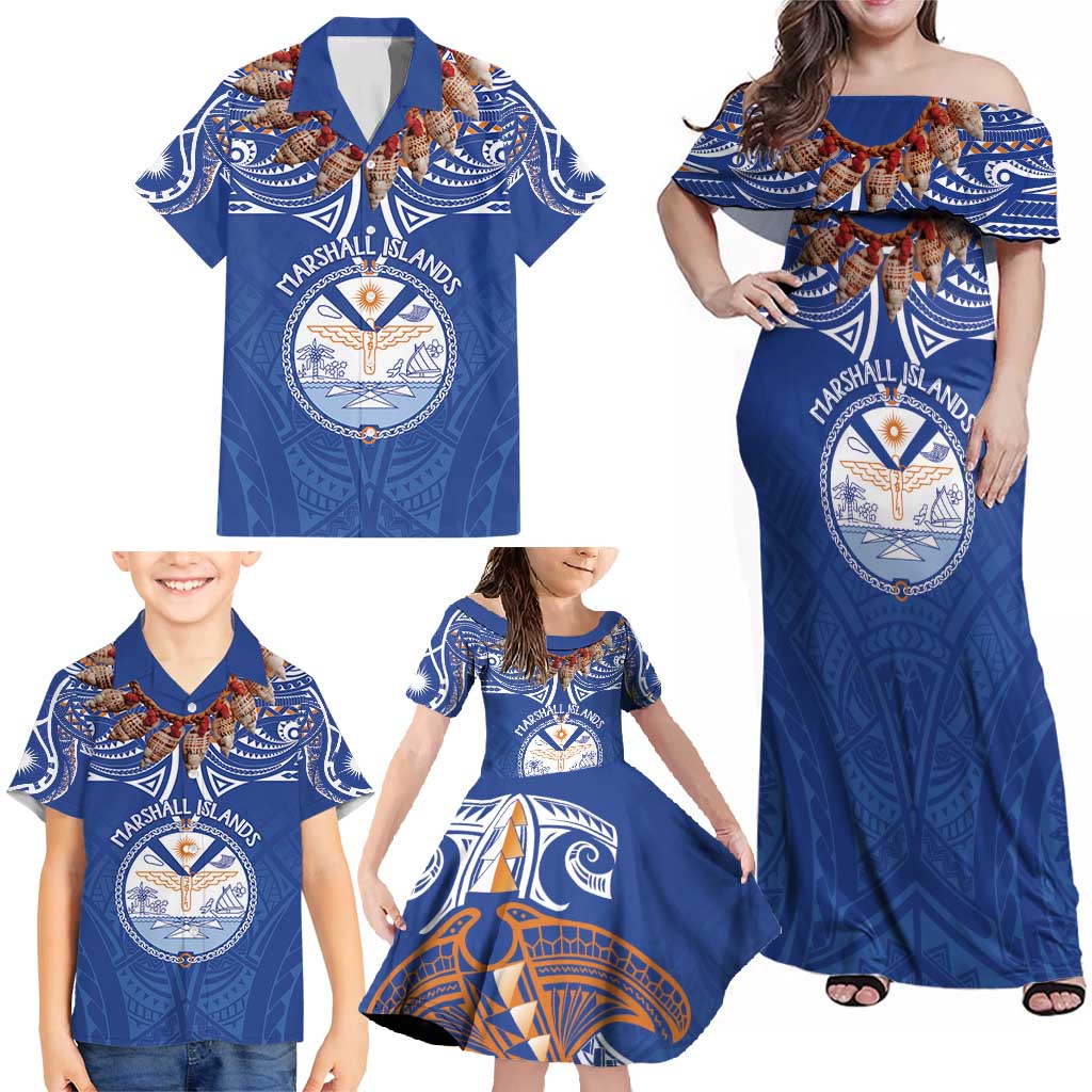 Yokwe Marshall Islands Personalized Family Matching Off Shoulder Maxi Dress and Hawaiian Shirt Jemenei Day - Seashell Necklace LT7 - Polynesian Pride