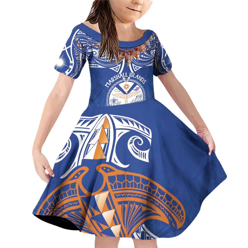 Yokwe Marshall Islands Personalized Family Matching Off Shoulder Short Dress and Hawaiian Shirt Jemenei Day - Seashell Necklace LT7 Daughter's Dress Blue - Polynesian Pride