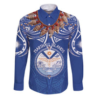 Yokwe Marshall Islands Personalized Family Matching Off Shoulder Short Dress and Hawaiian Shirt Jemenei Day - Seashell Necklace LT7 Dad's Shirt - Long Sleeve Blue - Polynesian Pride