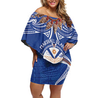 Yokwe Marshall Islands Personalized Family Matching Off Shoulder Short Dress and Hawaiian Shirt Jemenei Day - Seashell Necklace LT7 Mom's Dress Blue - Polynesian Pride