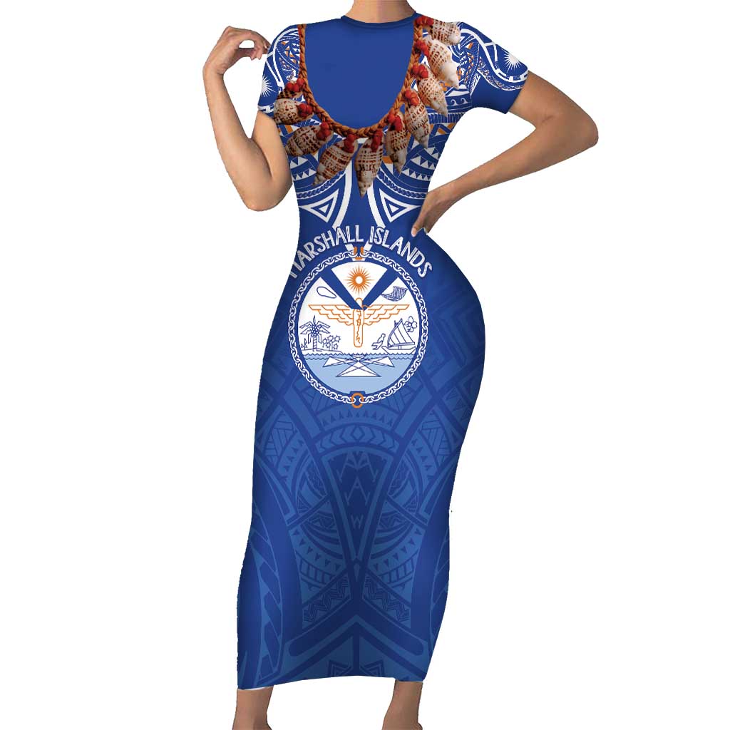 Yokwe Marshall Islands Personalized Family Matching Short Sleeve Bodycon Dress and Hawaiian Shirt Jemenei Day - Seashell Necklace LT7 Mom's Dress Blue - Polynesian Pride