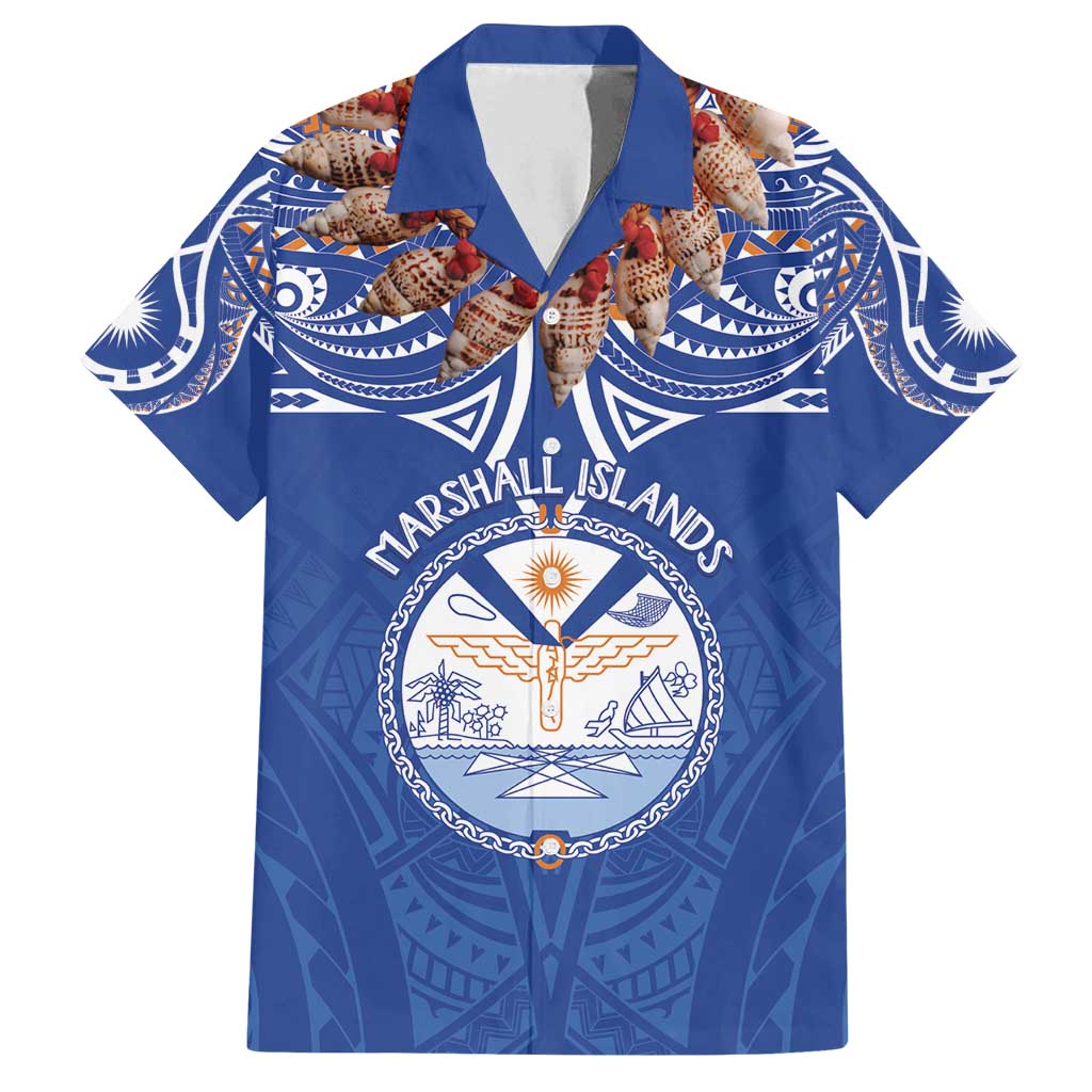 Yokwe Marshall Islands Personalized Family Matching Tank Maxi Dress and Hawaiian Shirt Jemenei Day - Seashell Necklace LT7 Dad's Shirt - Short Sleeve Blue - Polynesian Pride
