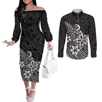 Polynesia Couples Matching Off The Shoulder Long Sleeve Dress and Long Sleeve Button Shirts Plumeria Black Curves LT7 Black - Polynesian Pride
