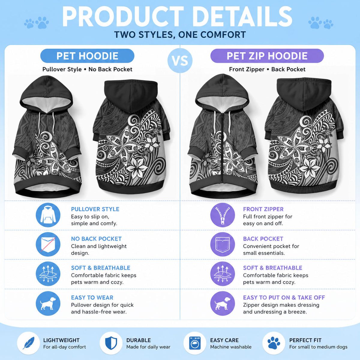 Polynesia Pet Hoodie Plumeria Black Curves
