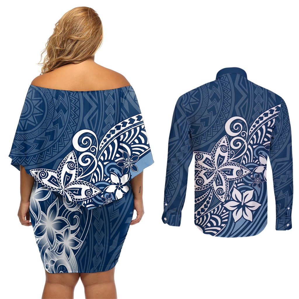 Polynesia Couples Matching Off Shoulder Short Dress and Long Sleeve Button Shirts Plumeria Blue Curves LT7 - Polynesian Pride