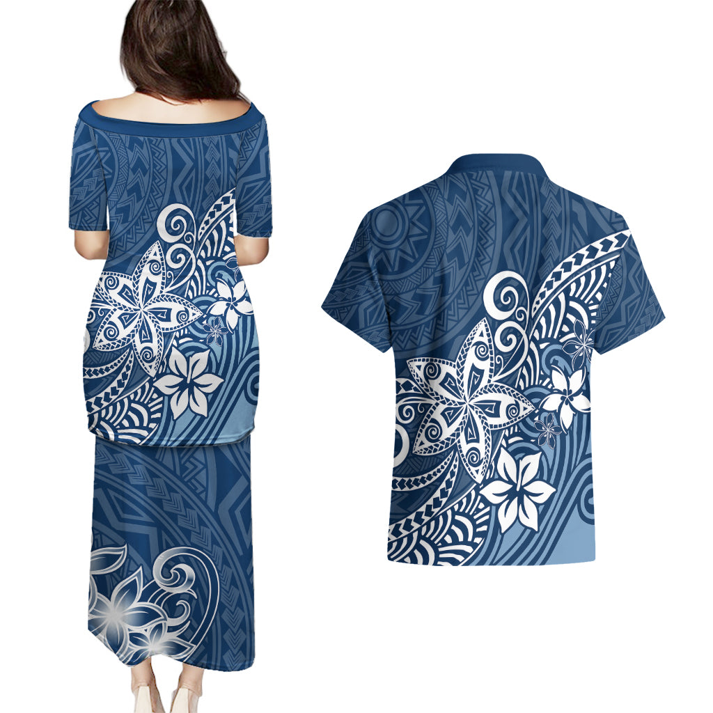 Polynesia Couples Matching Puletasi Dress and Hawaiian Shirt Plumeria Blue Curves LT7 - Polynesian Pride