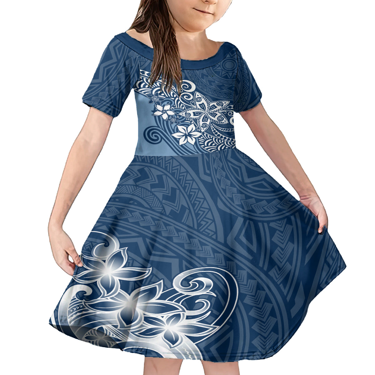 Hawaii Family Matching Outfits Polynesia Off Shoulder Maxi Dress And Shirt Family Set Clothes Plumeria Navy Curves LT7 Daughter's Dress Blue - Polynesian Pride