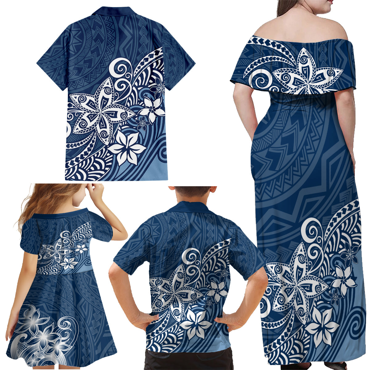 Hawaii Family Matching Outfits Polynesia Off Shoulder Maxi Dress And Shirt Family Set Clothes Plumeria Navy Curves LT7 - Polynesian Pride