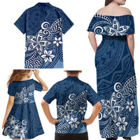 Hawaii Family Matching Outfits Polynesia Off Shoulder Maxi Dress And Shirt Family Set Clothes Plumeria Navy Curves LT7 - Polynesian Pride