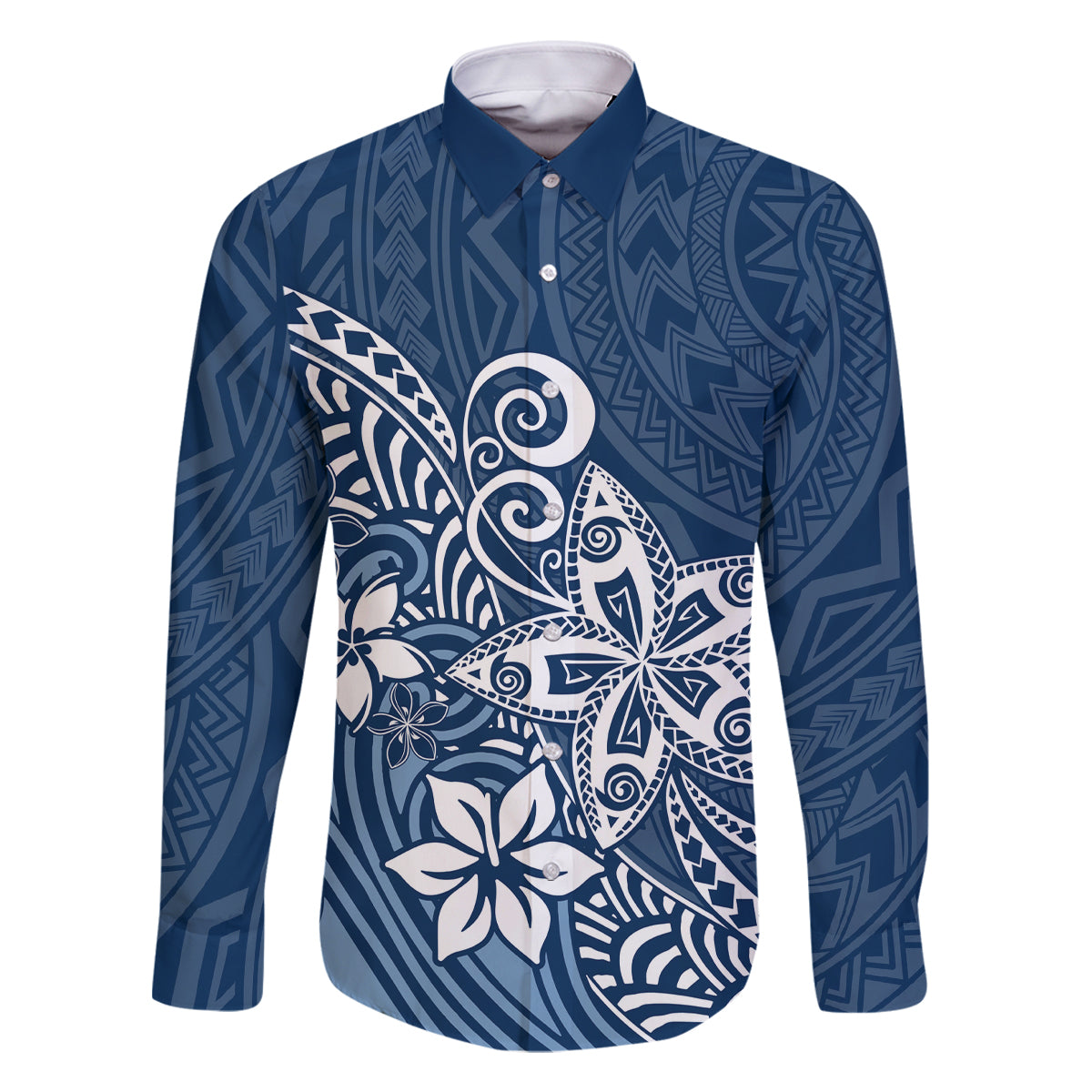Hawaii Family Matching Outfits Polynesia Off Shoulder Maxi Dress And Shirt Family Set Clothes Plumeria Navy Curves LT7 Dad's Shirt - Long Sleeve Blue - Polynesian Pride