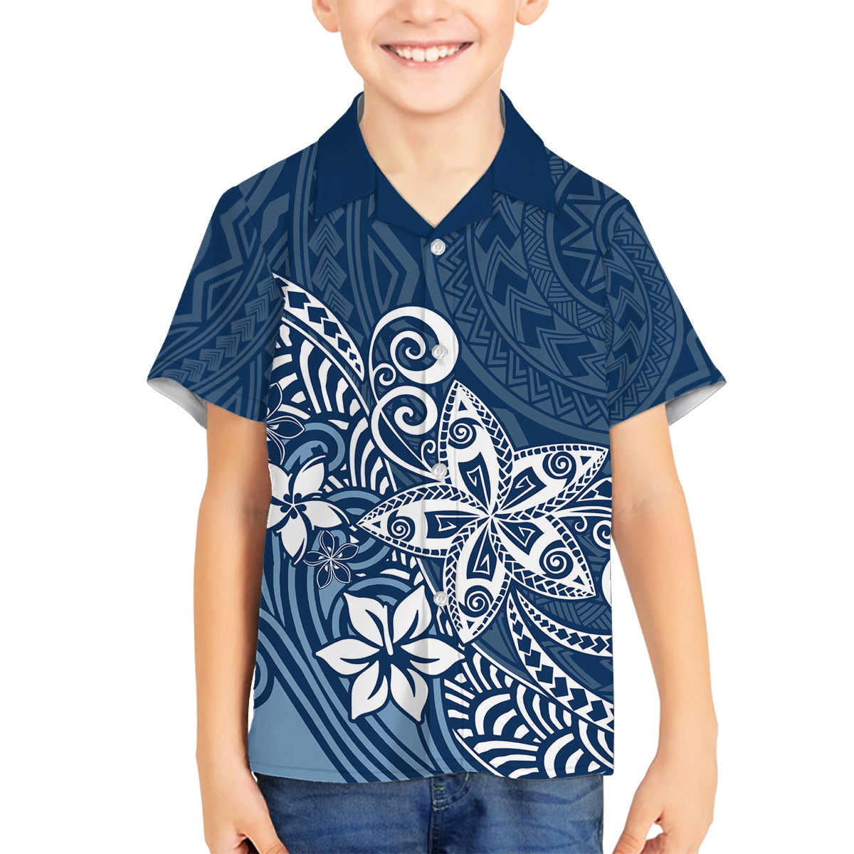 Hawaii Family Matching Outfits Polynesia Off Shoulder Maxi Dress And Shirt Family Set Clothes Plumeria Navy Curves LT7 Son's Shirt Blue - Polynesian Pride
