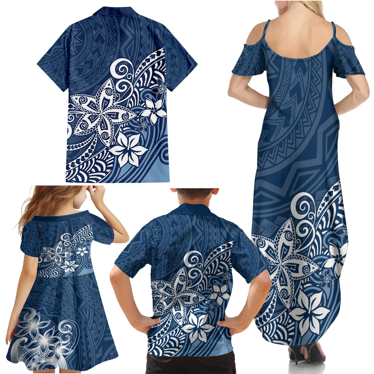 Hawaii Family Matching Outfits - Polynesia Summer Maxi Dress and Shirt Plumeria Navy Curves LT7 - Polynesian Pride