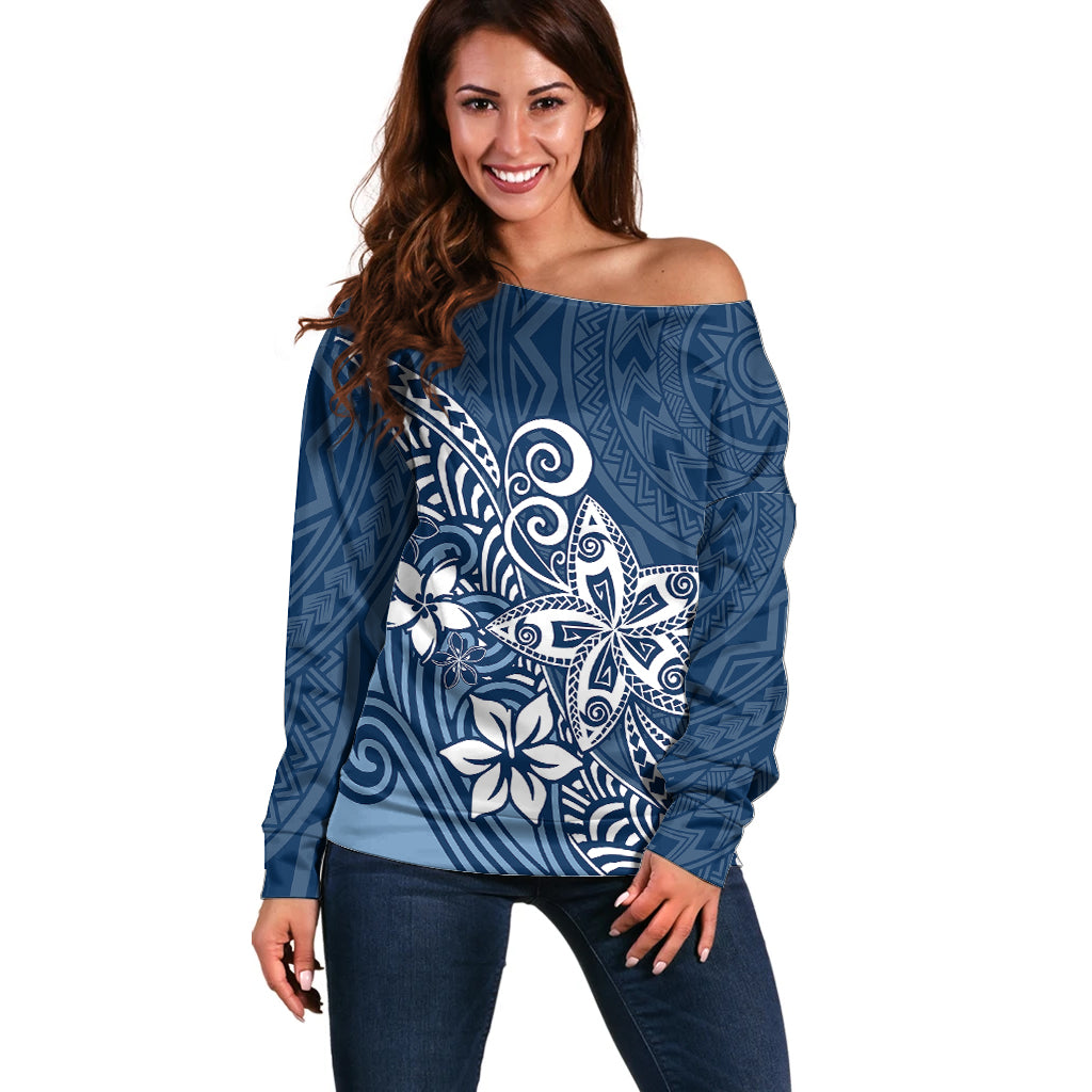 Polynesia Off Shoulder Sweater Plumeria Blue Curves LT7 Women Blue - Polynesian Pride