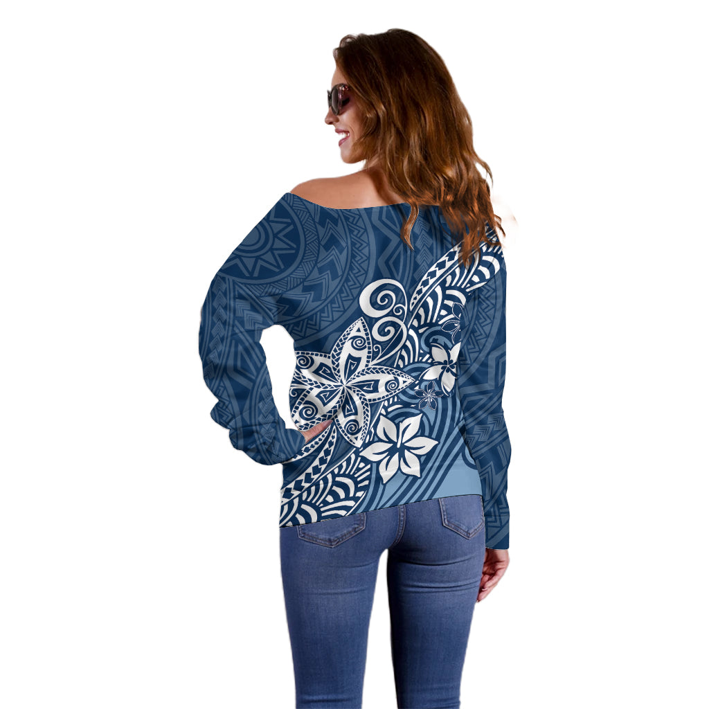 Polynesia Off Shoulder Sweater Plumeria Blue Curves LT7 - Polynesian Pride