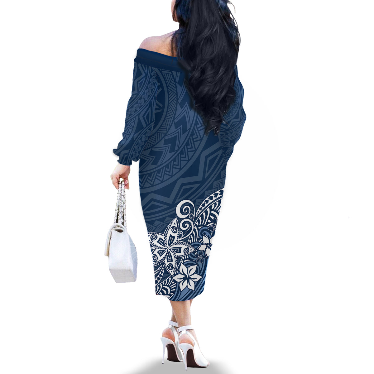 Polynesia Off The Shoulder Long Sleeve Dress Plumeria Blue Curves LT7 - Polynesian Pride