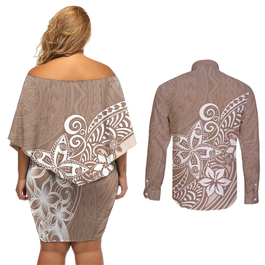 Polynesia Couples Matching Off Shoulder Short Dress and Long Sleeve Button Shirts Plumeria Beige Curves LT7 - Polynesian Pride