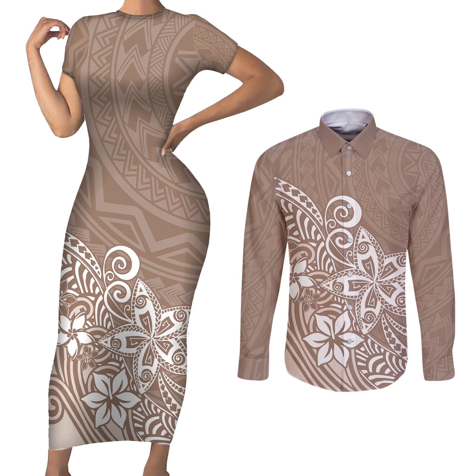 Polynesia Couples Matching Short Sleeve Bodycon Dress and Long Sleeve Button Shirts Plumeria Beige Curves LT7 Beige - Polynesian Pride