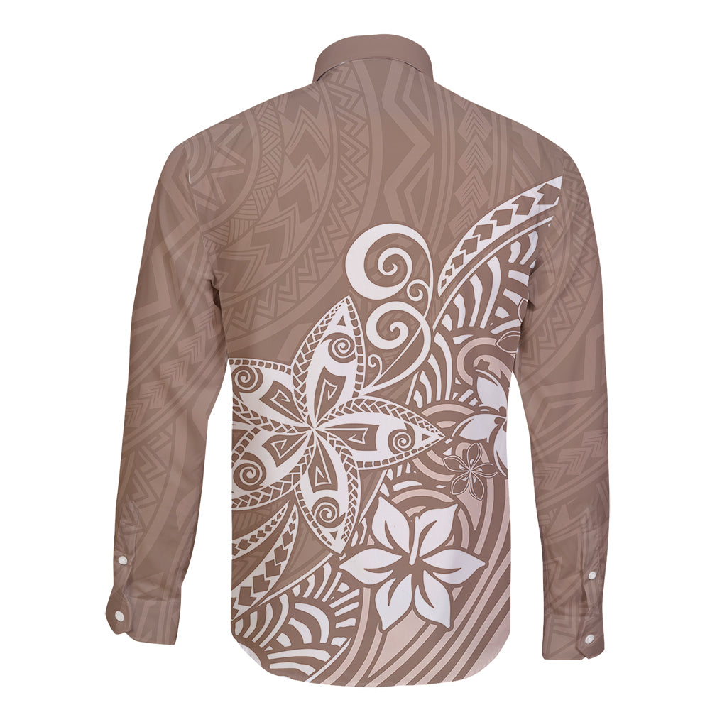 Polynesia Long Sleeve Button Shirt Plumeria Beige Curves LT7 - Polynesian Pride
