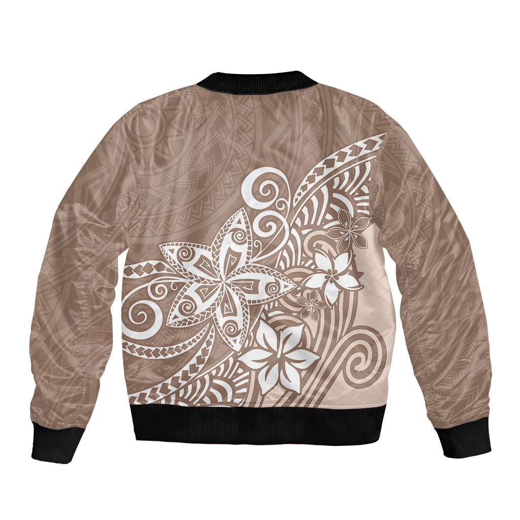 Polynesia Sleeve Zip Bomber Jacket Plumeria Beige Curves LT7 - Polynesian Pride