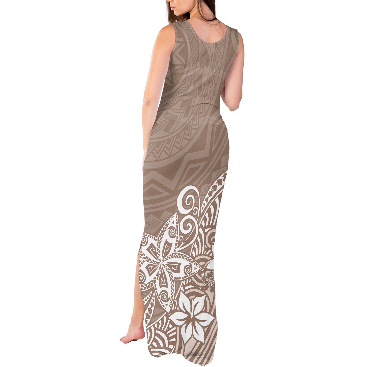 Polynesia Tank Maxi Dress Plumeria Beige Curves LT7 - Polynesian Pride