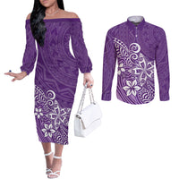 Polynesia Couples Matching Off The Shoulder Long Sleeve Dress and Long Sleeve Button Shirts Plumeria Purple Curves LT7 Purple - Polynesian Pride