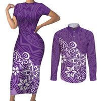 Polynesia Couples Matching Short Sleeve Bodycon Dress and Long Sleeve Button Shirts Plumeria Purple Curves LT7 Purple - Polynesian Pride
