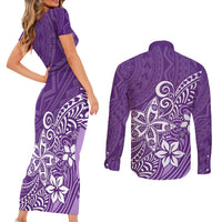 Polynesia Couples Matching Short Sleeve Bodycon Dress and Long Sleeve Button Shirts Plumeria Purple Curves LT7 - Polynesian Pride