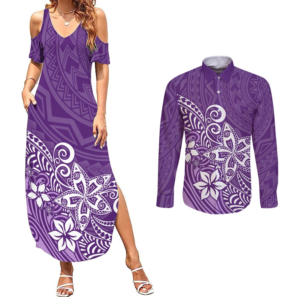 Polynesia Couples Matching Summer Maxi Dress and Long Sleeve Button Shirts Plumeria Purple Curves LT7 Purple - Polynesian Pride