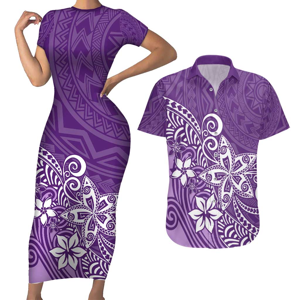 Polynesia Couples Matching Short Sleeve Bodycon Dress and Hawaiian Shirt Plumeria Purple Curves LT7 Purple - Polynesian Pride