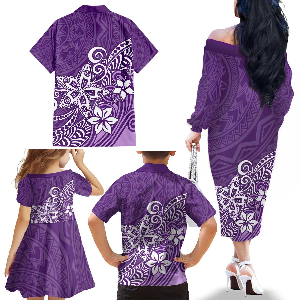 Hawaii Family Matching Outfits Polynesia Off Shoulder Long Sleeve Dress And Shirt Family Set Clothes Plumeria Purple Curves LT7 - Polynesian Pride