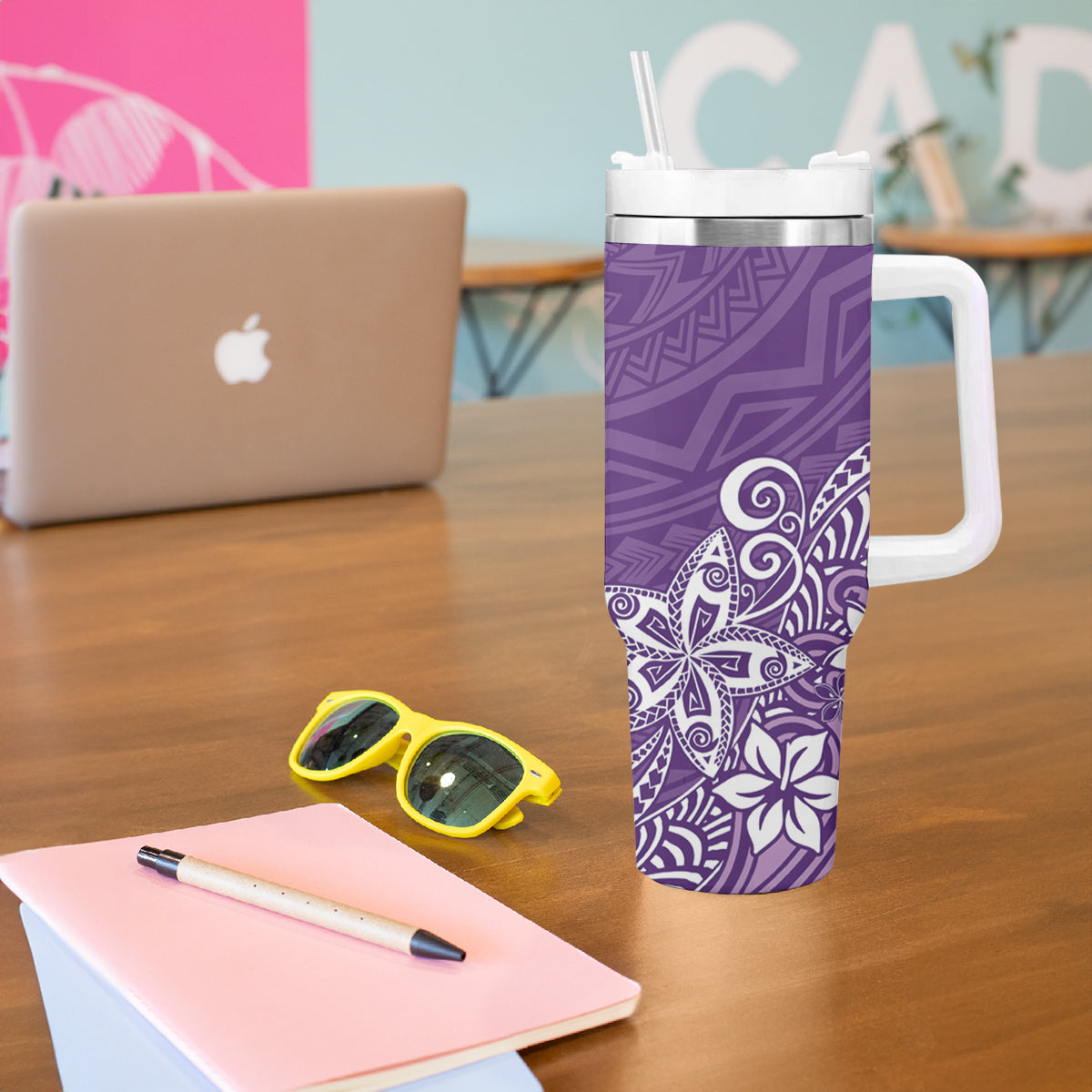 Hawaii Tumbler With Handle Plumeria Purple Curves LT7 - Polynesian Pride