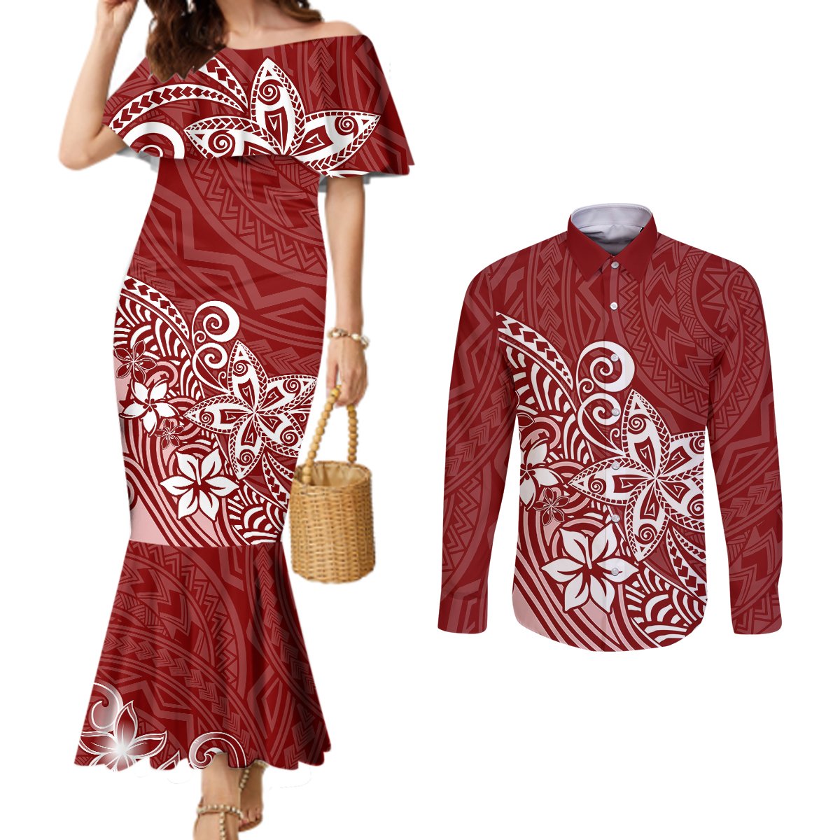 Polynesia Couples Matching Mermaid Dress and Long Sleeve Button Shirts Plumeria Red Curves LT7 Red - Polynesian Pride
