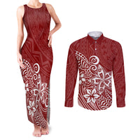 Polynesia Couples Matching Tank Maxi Dress and Long Sleeve Button Shirts Plumeria Red Curves LT7 Red - Polynesian Pride